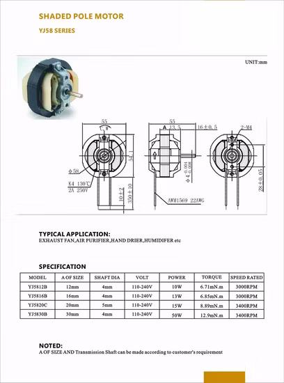 AC Electric 5810 5812 5816 5820 Shaded Pole Motor for Bathroom Ventilation Oven Exhause Fan Warm Air Blower Heater Hydrating Aromatherapy Machine Warm Windown
